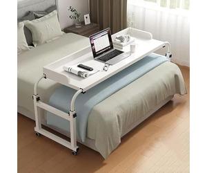 LANCOURT Table d'appoint avec roulettes, Poste de Travail Mobile réglable | Table de chevet pour lits simples, doubles, queen size et king size ; table de chevet d'hôpital(White,140cm)