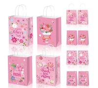 LANCU Lot de 12 sacs cadeaux pour la fête des mères en vrac - Motif floral rose - Avec poignées - Pour la fête des mères - Fournitures d'emballage cadeau pour la meilleure maman