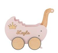 Landau de Poupée en Bois Light Rainbow Individuellement avec des Noms - Chariot Pousseur bébé Bois - Poussette Poupee Décoration - Poussette Canne Poupee - Chariot Enfant (Rose poudré)
