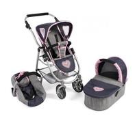 Landau Poussette 3 en 1 pour Poupee et Poupon - Gris Bleu Coeur Rose 67x43x77cm - Pliable, reglable 55-82 cm - 1 Carte Tigre