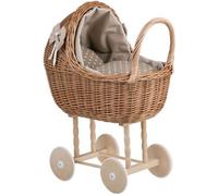 Landau-poussette en osier beige pour poupée - roues en bois, literie beige/blanc, pour poupées jusqu'à 35 cm