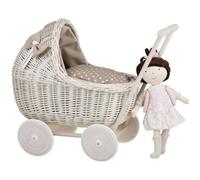 Landau-poussette en osier blanc-crème pour poupée jusqu'à 35 cm, literie beige et blanc