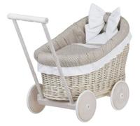 Landau-poussette en osier blanc pour poupée jusqu'à 35 cm, poignée et roues en bois