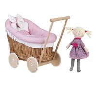 Landau-poussette en osier naturel pour poupée jusqu'à 35 cm - tissu rose et blanc, poignée et roues en bois