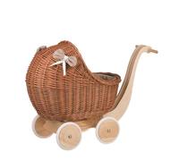 Landau-Poussette pour poupée en osier avec poignée et roues en bois - Marron - Pour Enfant de 3 ans et plus