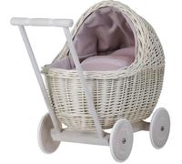Landau-Poussette pour poupée en osier blanc-creme avec roues en bois et joli tissu rose gaufré