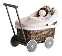 Landau-poussette pour poupée en osier gris-brun ,poignée et roues en bois avec tissu beige et blanc