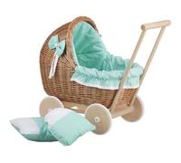 Landau-poussette pour poupée en osier,poignée et roues en bois avec tissu de couleur blanche et menthe