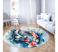 LANDERSION Aquarelle Bonne Chance Koi Poisson Rond Tapis Peinture à l’Encre Orientale Tapis Circulaire Lavable antidérapant pour Salon Bureau Porche 80cm