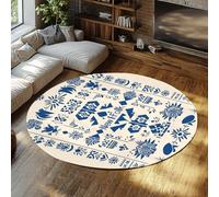 LANDERSION Chic Ferme Tapis Ronds Bleu Symétrique Folk Art Design Cercle Portable Antidérapant Mince Tapis pour Salon Balcon Studio 240cm