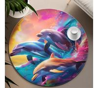 LANDERSION Jumping Dolphin Rond Tapis Fantasy océan Tropical Animal Poisson Cercle Tapis Nons Slip Thin Mat pour Salle d’étude Salon Chambre 160cm