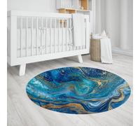 LANDERSION Tapis Abstraits en marbre pour Le Salon Moquette Ronde Douce à Poils Bas Tapis Circulaire Moderne de Luxe Lavable antidérapant pour Chambre Bleu doré 240cm