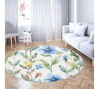 LANDERSION Tapis Circulaire antidérapant Lavable 80cm Tapis Ronde Fleur Fleurie Bleue pour Salon Aquarelle circulaires Feuilles Fleurs botaniques Doux Fin pour intérieur et Salle Manger