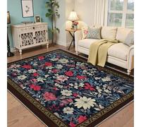 LANDERSION Tapis Fleuri coloré 160x200cm Tapis Rustique de Jardin de Fleurs Sauvages Tapis antidérapant Pliables Pliables à Poil Bas sous la Table pour Salon et Cuisine