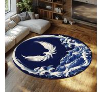 LANDERSION Tapis Rond 140cm Tapis Circulaire Lavable antidérapant Poil Bas Phoenix Bird Wave Petit Circulaire pour Chambre Salle Bain entrée Bureau résidence Universitaire Bleu foncé Style Japonais