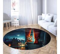 LANDERSION Tapis Rond de Conte de fées 120cm Chat de Dessins animés Ciel étoilé Vue Urbaine Pavillon Tapis de Sol Fantasy Art à Poil Bas Tapis Circulaire Lavable pour Chambre Balcon