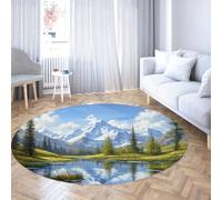 LANDERSION Tapis Rond Forest Mountain 90cm Tapis Verts Cercle Arbres lavables pour Salon Chambre Table Salle Manger Peinture Huile Poil Bas décoration intérieure River Reflection Surface