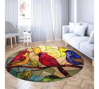 LANDERSION Tapis Rond Lavable Machine 160cm Tapis Circulaire antidérapant Poil Bas vitrail Birds Design esthétiques pour Salon Chambre entrée bohème résistant Taches