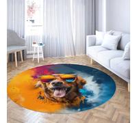 LANDERSION Tapis Rond Vibrant pour Chien 90cm Happy Pet Portant des Lunettes de Soleil Tapis de Sol Splash Art décoration Moderne Moquette Circulaire Fine Lavable pour Le Couloir d’entrée