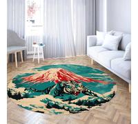 LANDERSION Tapis Round Hunter Tiger pour Le Salon Forêt Tropicale Mont Fuji Tapis circulaires de Style Japonais Moquette Bleue antidérapante Lavable pour la Chambre 140cm