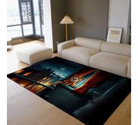 LANDERSION Tapis Style Conte de fées 60x120cm Chat de Dessins animés Ciel étoilé Vue Urbaine Nocturne Tapis de Sol Art Fantastique Tapis Lavable à Poils Bas pour Salon Chambre Balcon