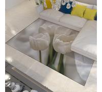 LANDERSION Tulipes Blanches fraîches Bouquet Tapis Romantique Amour décor antidérapant Lavable Tapis pour Salon Chambre à Coucher Salle à Manger Cuisine 160x200cm