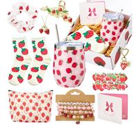 Landical Coffret cadeau de 60 fraises comprenant un gobelet de 355 ml, une trousse de maquillage, des chaussettes, un bracelet, un collier, un chouchou, une carte de vœux, des porte-clés, des