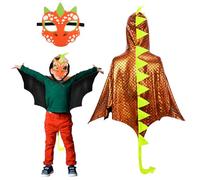 Landifor 2pcs Dinosaur Cloak Costume Cape de Dinosaure pour Enfant Manteau Cosplay Dragon Brun Orangé avec Masque Cadeau de Fête pour Enfants Carnaval Halloween Noël