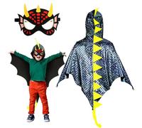 Landifor 2pcs Dinosaur Cloak Costume Cape de dinosaure pour enfant Manteau Cosplay Dragon Noir avec Masque Cadeau de fête pour enfants Carnaval Halloween Noël