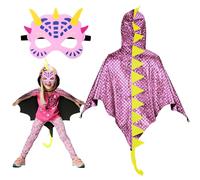 Landifor 2pcs Dinosaur Cloak Costume Cape de dinosaure pour enfant Manteau Cosplay Dragon Rose avec Masque Cadeau de fête pour enfants Carnaval Halloween Noël