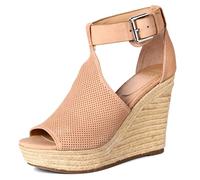 landing craft Sandales espadrilles compensées à bout fermé avec sangle de cheville pour femme, rouge clair, 39.5 EU