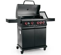 LANDMANN Cool Black 4.1 Barbecue à gaz | Chariot de barbecue jusqu'à 320 °C avec 4 brûleurs, brûleur latéral et zone de cuisson | Avec grille de maintien au chaud, surface de cuisson généreuse