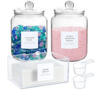 LANDNEOO Bocaux en verre et support de feuille de sèche-linge, distributeur avec couvercles, étiquettes, conteneurs pour l'organisation de la buanderie, bocaux hermétiques de 1,2 l, boîte de rangement