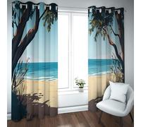 LANDOCROWN Rideaux à thème Plage Tropicale Vue sur l’océan Sea Island Paysages en Bord de mer Œillets insonorisés Rideaux de fenêtre occultants pour la Chambre 2X B140 x H250 cm