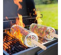 Landrip Ensemble de Panier de Barbecue à roulettes, poignée en Bois Amovible, en Acier Inoxydable, Accessoire de Barbecue pour légumes, crevettes, Camping, extérieur, Cadeau pour Homme