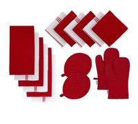 Lane Linen Lot de 16 torchons de cuisine - 6 essuie-mains absorbants en tissu éponge, 6 torchons pour laver la vaisselle, 2 maniques en silicone et 2 gants de cuisine en silicone - Rouge