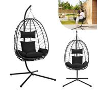 Laneetal Fauteuil Oeuf Suspendu, Chaise Balançoire, avec Support en Métal, Coussin de Siège et Appui-tête, Charge 150kg, Rotin PE, pour Jardin, Balcon, Terrasse, 102x100x196cm, Anthracite