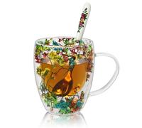 Lanfly Tasse à thé en verre avec cuillère à café de 350 ml isotherme résistante à la chaleur à double paroi, cadeau fantaisie pour femme, maman, épouse,grand-mère, amie amie, anniversaire