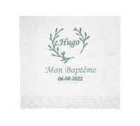 Lange de baptême personnalisée - Carré de baptême brodé - Mouchoir de baptême avec le Nom et la Date - Modèle Petites Feuilles - Nenel (Mint)