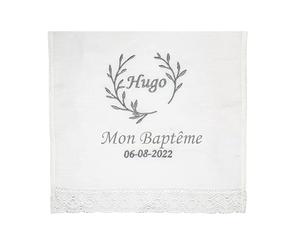 Lange de baptême personnalisée - Carré de baptême brodé - Mouchoir de baptême avec le Nom et la Date - Modèle Petites Feuilles - Nenel (Gris)