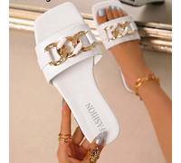 LangMoon 2026 Nouvelles mules femme à bout carré en métal blanc, style simple et épuré avec dessus blanc unicolore + décoration luxueuse de double chaîne et strass. Semelle souple antidérapante et con