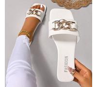 LangMoon 2026 Nouvelles mules femme à bout carré en métal blanc, style simple et épuré avec dessus blanc unicolore + décoration luxueuse de double chaîne et strass. Semelle souple antidérapante et con