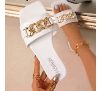 LangMoon 2026 Nouvelles mules femme à bout carré en métal blanc, style simple et épuré avec une tige blanche pure + une décoration luxueuse de double chaîne de strass. Semelle souple antidérapante et