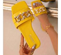 LangMoon 2026 Nouvelles mules femme à bout carré en métal jaune, style minimaliste avec tige de couleur unie + décoration luxueuse de double chaîne de strass. Semelle souple antidérapante et confortab