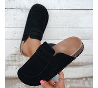 LangMoon Mocassins minimalistes rétro noirs en suédine synthétique, mules à enfiler à bout fermé, semelle intérieure épaisse en PU antidérapante, pour la maison et la rue, port quotidien printemps-aut