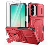 Lanhiem Coque pour Samsung Galaxy A17 5G/A26 5G/A16 5G 4G avec 2 Verre Trempé, Lentille Coulissante Couverture et Support, Antichoc Étui de Militaire Protection Armor Renforcée Housse, Rouge