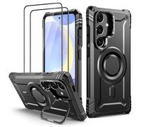 Lanhiem Coque pour Samsung Galaxy S25, Coque pour Samsung Galaxy S24 avec 2 Verre Trempé pour MagSafe, Magnétique Antichoc Militaire Protection, Support Anneau pour Caméra Renforcée Housse, Noir