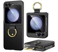 Lanhiem Coque pour Samsung Z Flip5 Tough Armor [Protecteur Écran] Intégrée Étui avec Anneau Métallique [Charnière en Cuir] Plastique Housse Compatible avec Samsung Galaxy Z Flip 5 5g - Noir