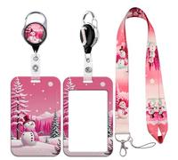 Lanière de Noël avec porte-carte d'identité coulissant et auto-rétractable, esthétique, rose, avec porte-clés rotatif à 360° pour bureau, école, enseignant, travail