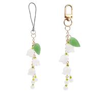 Lanière de poignet et porte-clés pour téléphone portable, motif muguet de la vallée - Fleur de verre et feuille de jade - Pour femme, téléphone, sacs, porte-clés, décoration d'appareil photo